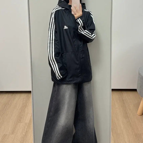 [BUNJANG] Adidas Woven 3-Stripes Black Hooded Windbreaker Jacket / 아디다스 우븐 삼선 블랙 후드 바람막이 자켓