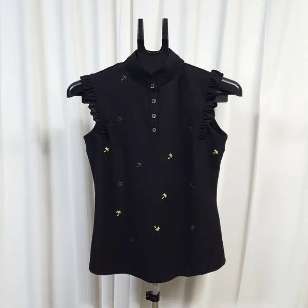[BUNJANG] Munsingwear Women's Black Sleeveless Frill Golf Top - Size M / 먼싱웨어 여성 골프 프릴 민소매 티셔츠 블랙 M 오일장 0331