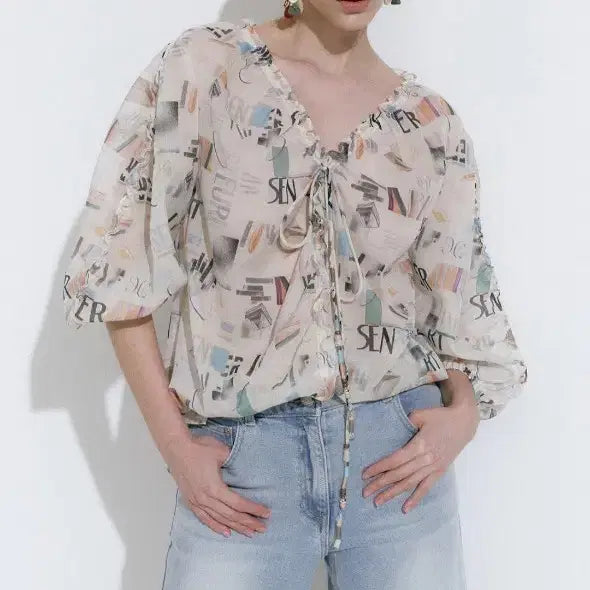 [BUNJANG] Obzee Printed Shirring Blouse / 오브제블라우스 프린트 셔링
