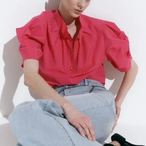 [BUNJANG] Objet Pink Puff Sleeve Shirt / 오브제 핑크 퍼프 소매 셔츠