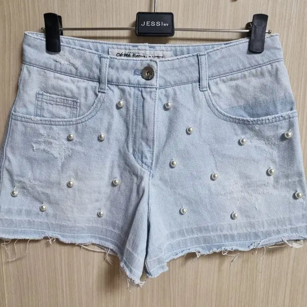 [BUNJANG] Pearl Embellished Distressed Denim Hot Pants - Set of 3 / 오브제진청 펄 데미지 핫팬츠3벌 일괄