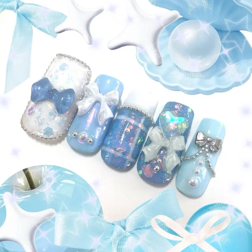 [BUNJANG] Handmade Sky Blue Heart Ribbon French Sweet Nail Tips / (빠른배송)블루 리본 하이틴 공주 수제네일팁 하트 여름네일 여신 아이돌 포카 다꾸 하늘 파란 히메