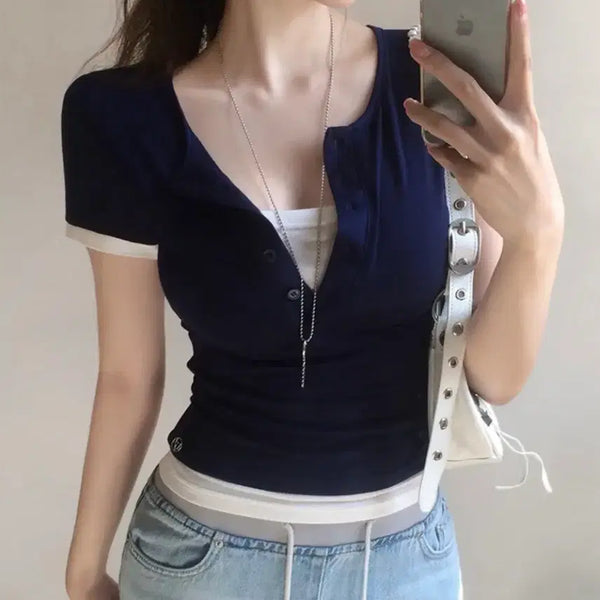 [BUNJANG] Self-Produced Holly Button Color-Blocked Layered Short-Sleeve T-Shirt / 새상품) 홀리 단추 배색 레이어드 자체제작 반팔티