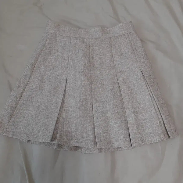 [BUNJANG] Gold Beige Tweed Pleated Skirt / 골드 베이지 트위드 플리츠 스커트 스쿨룩 주름치마
