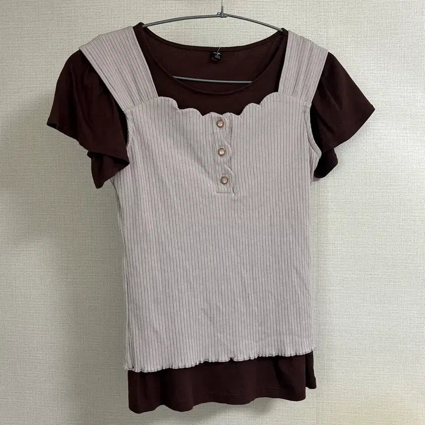 [BUNJANG] Chocolat Cream Vintage Mori Girl Short Sleeve and Camisole Layered Top Set / 빈티지 쇼콜라크림 일본 모리걸 반팔 나시 레이어드 상의 세트