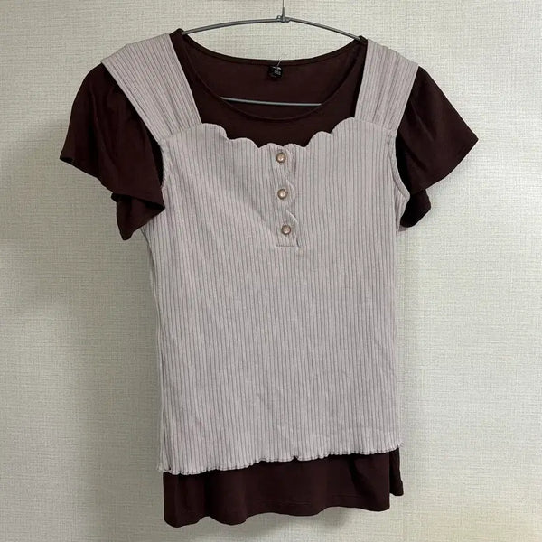 [BUNJANG] Chocolat Cream Vintage Mori Girl Short Sleeve and Camisole Layered Top Set / 빈티지 쇼콜라크림 일본 모리걸 반팔 나시 레이어드 상의 세트