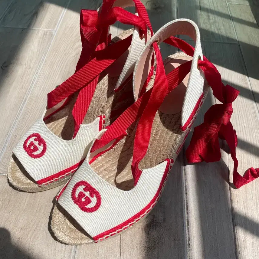 [BUNJANG] Gucci White Red Espadrille Wedge Heels Size 37 / 구찌 화이트 레드 에스파듀 웨지힐 37
