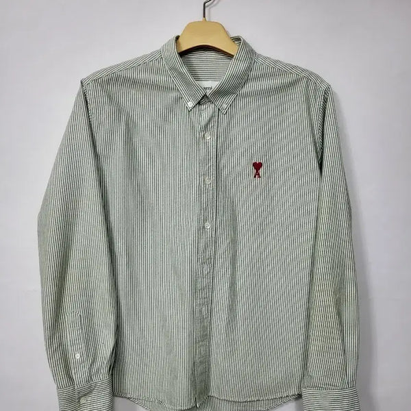 [BUNJANG] Ami Small Heart Logo Green Stripe Shirt Size 41 / 아미 스몰 하트 로고 그린스트라이프 셔츠 41 새제품급