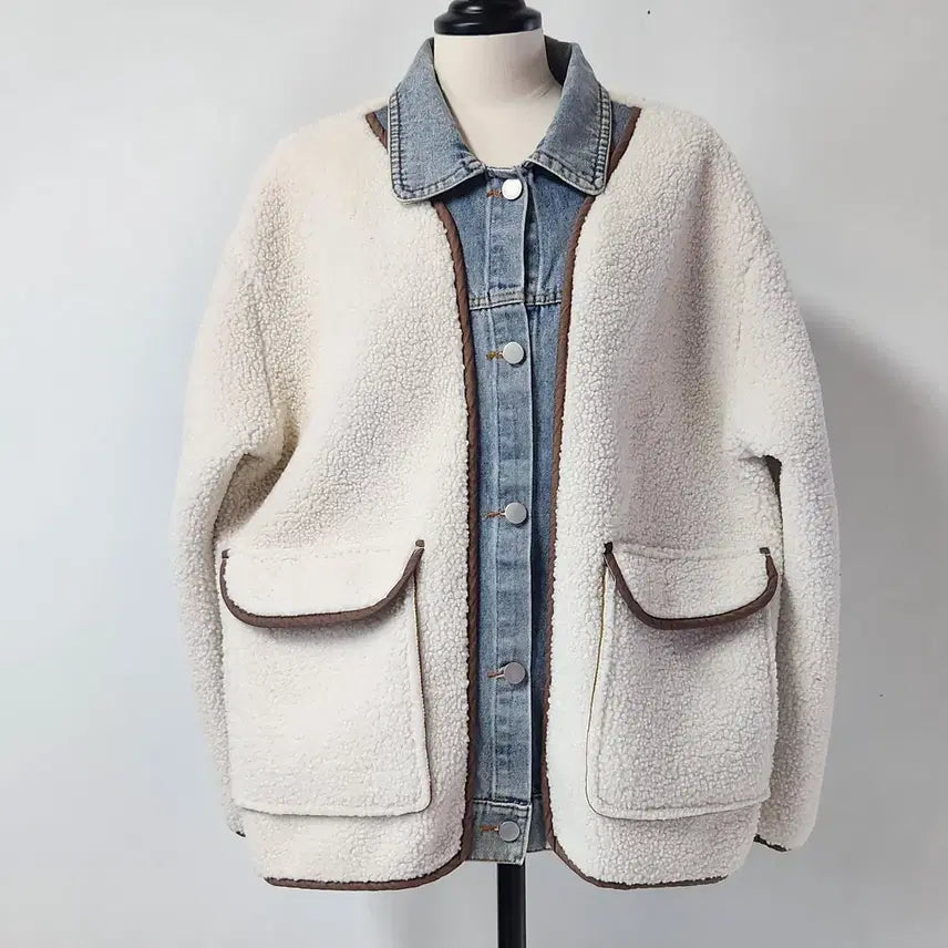 [BUNJANG] AB.plus Denim Collar Color-Block Fuzzy Fleece Jacket / 에이비플러스 데님 카라 배색 뽀글이 플리스 자켓 55~77