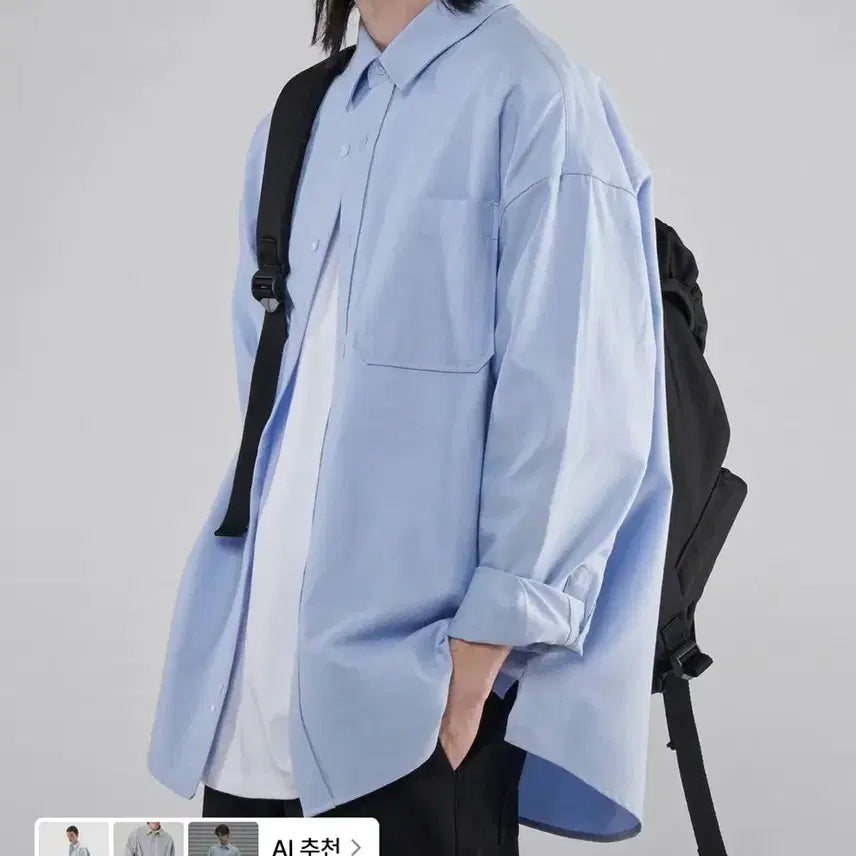 [BUNJANG] Men's Sky Blue & Black Shirt Set with Windbreaker Vest / 남성 셔츠+셔츠+조끼