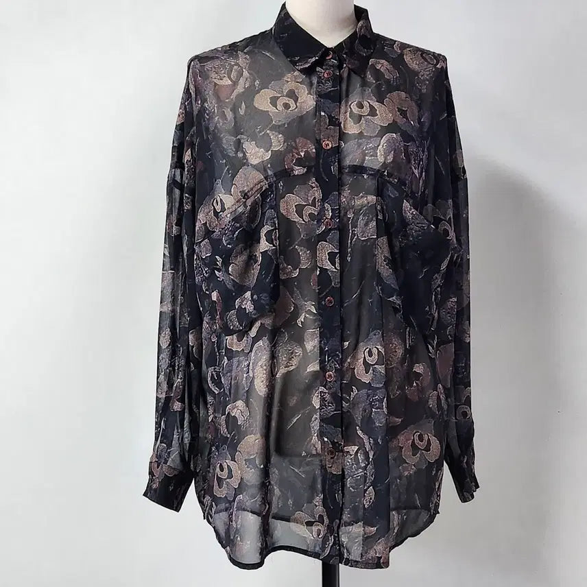 [BUNJANG] Code Combine Navy Floral See-through Blouse 44 / 코데즈컴바인 네이비 플로럴 시스루 셔츠 블라우스 44