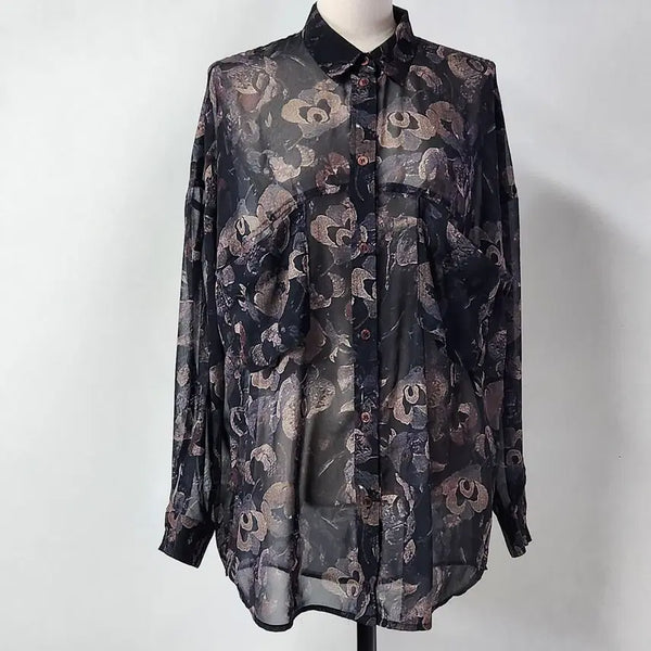 [BUNJANG] Code Combine Navy Floral See-through Blouse 44 / 코데즈컴바인 네이비 플로럴 시스루 셔츠 블라우스 44