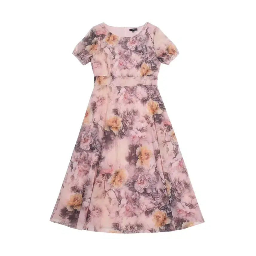 [BUNJANG] Women's Short-Sleeve Floral Midi Dress with Back Elastic Waistband / 여성S/ 뒷밴딩 플로럴 반팔원피스PK 5-14