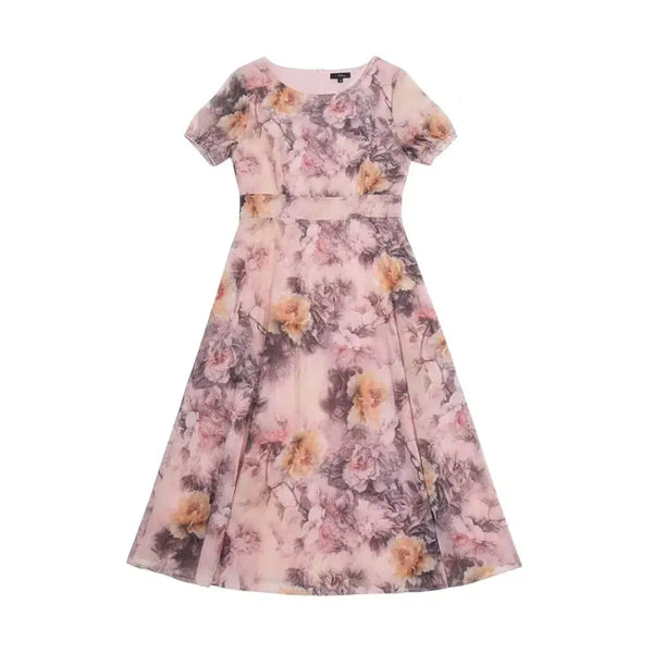[BUNJANG] Women's Short-Sleeve Floral Midi Dress with Back Elastic Waistband / 여성S/ 뒷밴딩 플로럴 반팔원피스PK 5-14