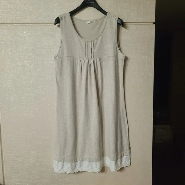 [BUNJANG] Vintage Japanese Pintuck Punching Lace Layered Sleeveless Dress - Oatmeal Beige Ivory / 일본 빈티지 핀턱 펀칭 레이스 레이어드 민소매 나시 슬리브리스 원피스 오트밀 베이지 아이보리 모리걸 티셔츠