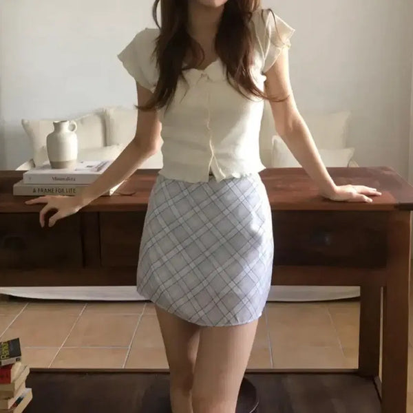 [BUNJANG] Mini Chiffon Check Skirt (Blue Grey) / [새상품]미니 쉬폰 체크 치마 스커트(블루그레이)