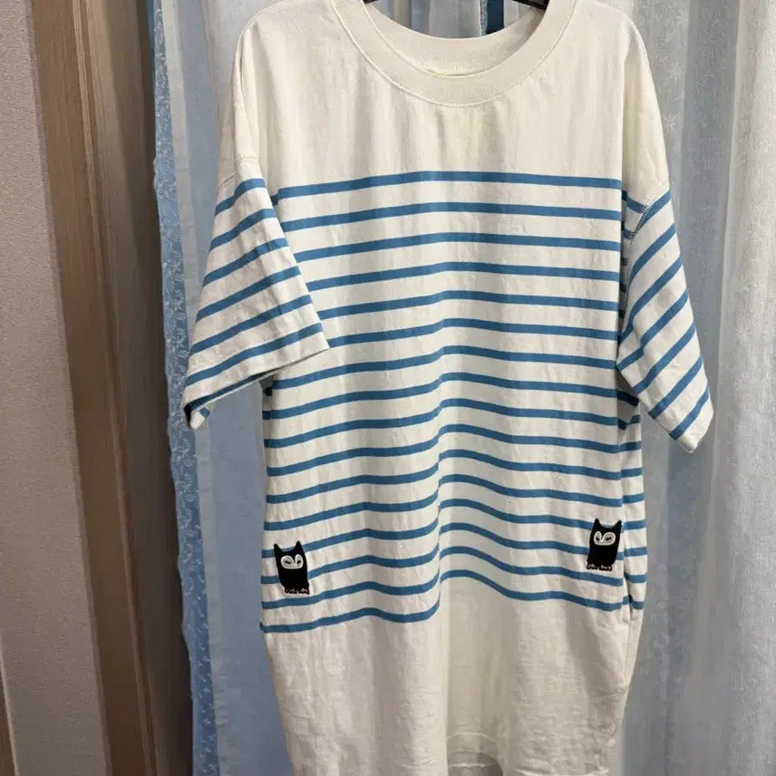 [BUNJANG] LUCKY CHOUETTE Striped Short-Sleeve Long T-Shirt / 럭키슈에뜨 스트라이프 반팔 롱 티셔츠