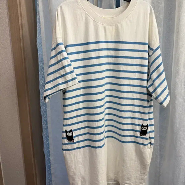 [BUNJANG] LUCKY CHOUETTE Striped Short-Sleeve Long T-Shirt / 럭키슈에뜨 스트라이프 반팔 롱 티셔츠