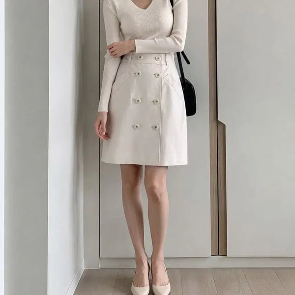 [BUNJANG] Club Monaco Beige Double-Button Trench H-Line Skirt / 클럽모나코 베이지 더블버튼 트렌치 h라인 스커트 한섬