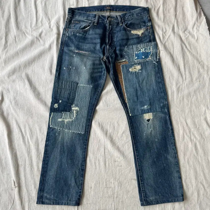 [BUNJANG] Polo Ralph Lauren Vintage Patchwork Slim Straight Denim Pants Size 32 / 폴로랄프로렌 빈티지 패치워크 데님팬츠 32