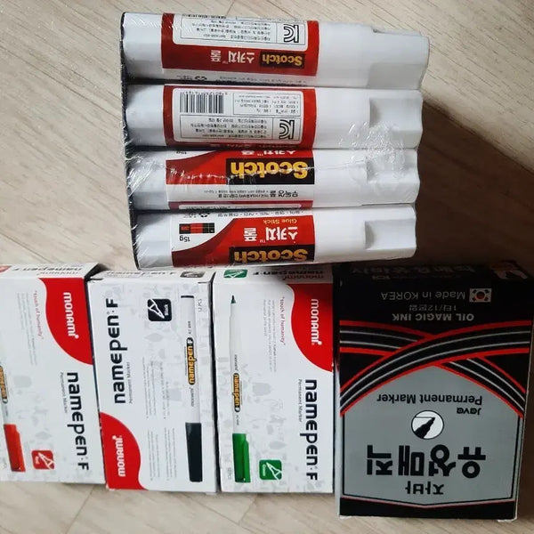 [BUNJANG] Monami Name Pen F, Scotch Glue, and Oil Marker Set / 모나미 네임펜 F / 스카치 풀 / 유성매직 세트  일괄판매