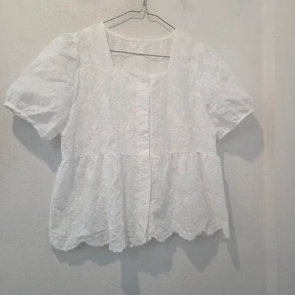 [BUNJANG] White Lace Puff Sleeve Peplum Blouse / 화이트 레이스 퍼프 소매 블라우스 가58