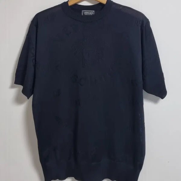 [BUNJANG] Versace Vintage Medusa Logo Jacquard Black Cotton Knit Short Sleeve T-Shirt / L (100) 베르사체 빈티지 메두사 로고 자카드 블랙 코튼 니트 반팔티