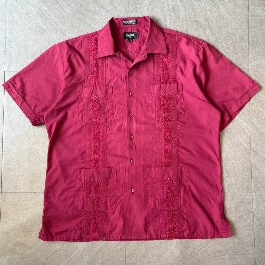 [BUNJANG] Vintage Guayabera Burgundy Shirt XL / 빈티지 구아야베라 버건디 셔츠