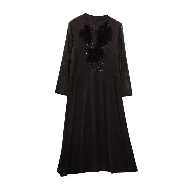 [BUNJANG] Corsage Flower Mesh Arm Dress Deep Brown / [새상품] 코사지 플라워 메쉬암 딥브라운 원피스 44 MADE IN JAPAN