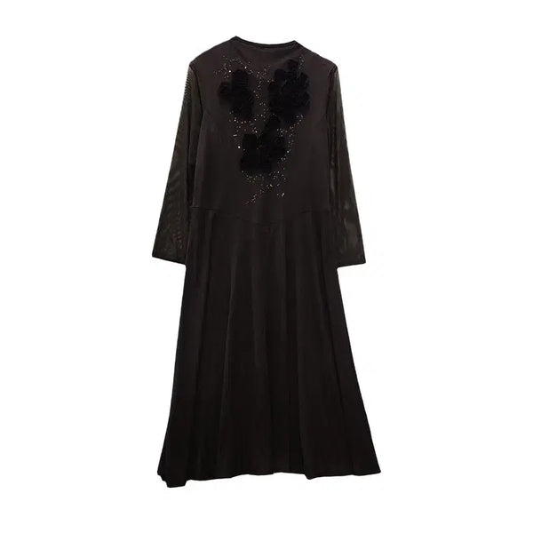 [BUNJANG] Corsage Flower Mesh Arm Dress Deep Brown / [새상품] 코사지 플라워 메쉬암 딥브라운 원피스 44 MADE IN JAPAN