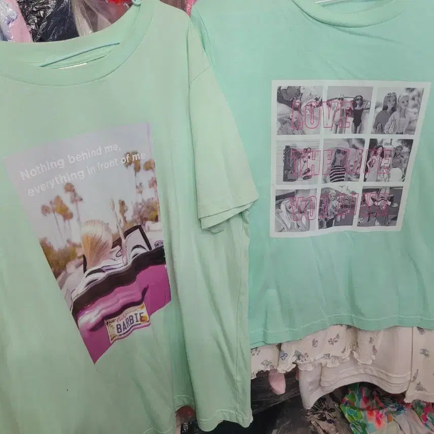 [BUNJANG] Barbie Mint Short Sleeve T-Shirt Set (2 pcs) / 민트색 반팔 티셔츠 2종 (바비 프린팅) 바비 M세트