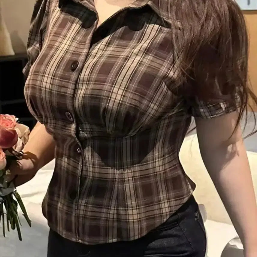[BUNJANG] Women's Check Smock Banding Semi-Crop Brown Shirt Blouse (XL Size) / xl 빅사이즈 77 88 체크 스모크밴딩 세미크롭 브라운 여성 셔츠 블라우스