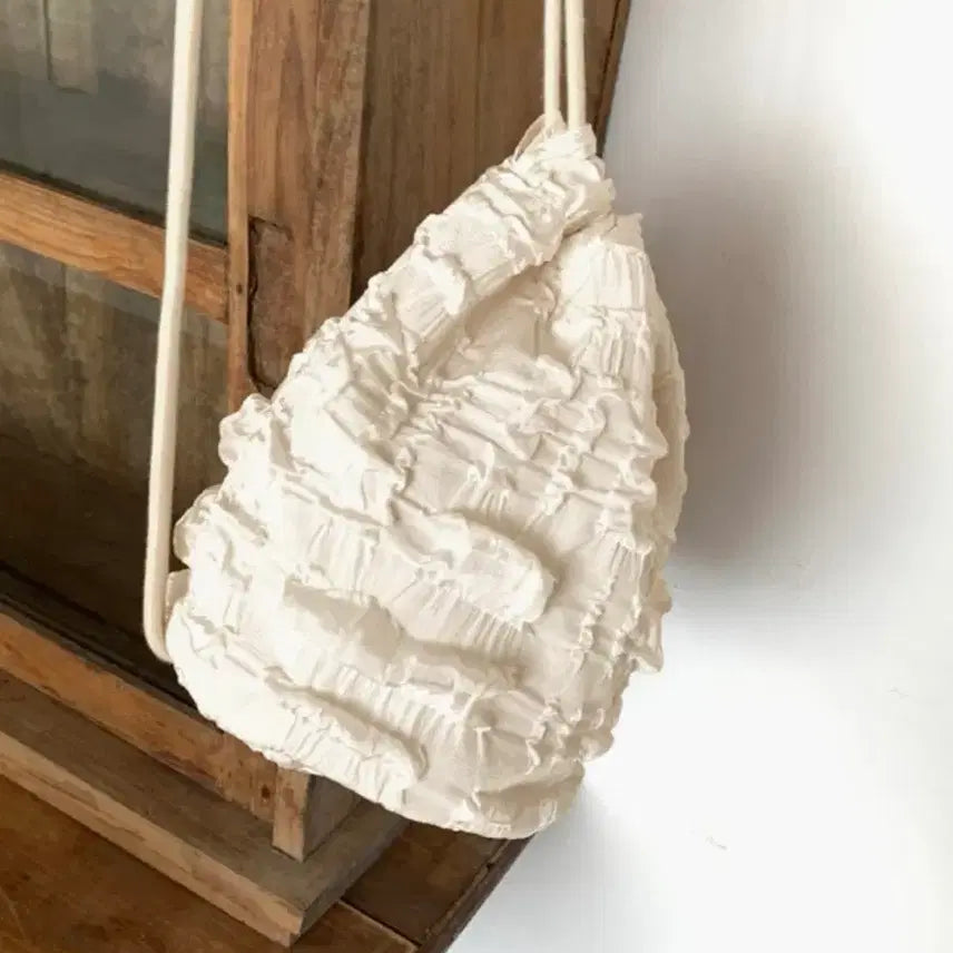 [BUNJANG] Vintage Lace Shirring String Bag Cream White Bucket Bag / [새상품] 빈티지 레이스 셔링 스트링백 크림 화이트 (복조리 버킷백 숄더백 크로스백 백팩 짐색)