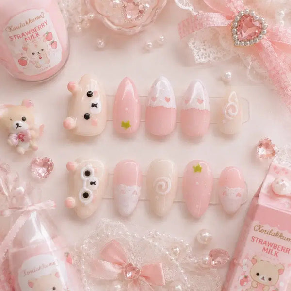[BUNJANG] Handmade Strawberry Lace Nail Tips with Korilakkuma Accent / 안경 코리락쿠마 딸기 레이스 치크 수제네일팁