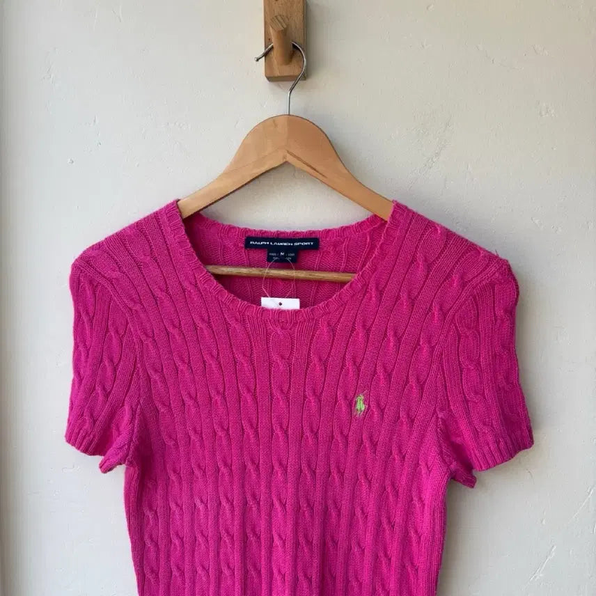 [BUNJANG] Polo Ralph Lauren Pink Cable Knit Short Sleeve Sweater M / 17581 - 폴로 랄프로렌 핑크 케이블 반팔 니트