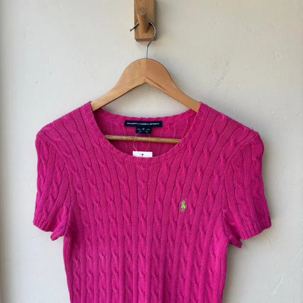 [BUNJANG] Polo Ralph Lauren Pink Cable Knit Short Sleeve Sweater M / 17581 - 폴로 랄프로렌 핑크 케이블 반팔 니트
