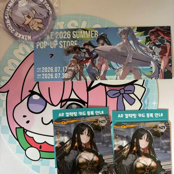 [BUNJANG] NIKKE 2026 Summer Pop-up Store Ticket Morran Can Badge, Card Hand Fan, Roadolong Admission Exclusive AR Card / 니케 2026 썸머 팝업 스토어 굿즈 티켓 모란 캔뱃지 카드손부채 도로롱 입장 특전 ar카드