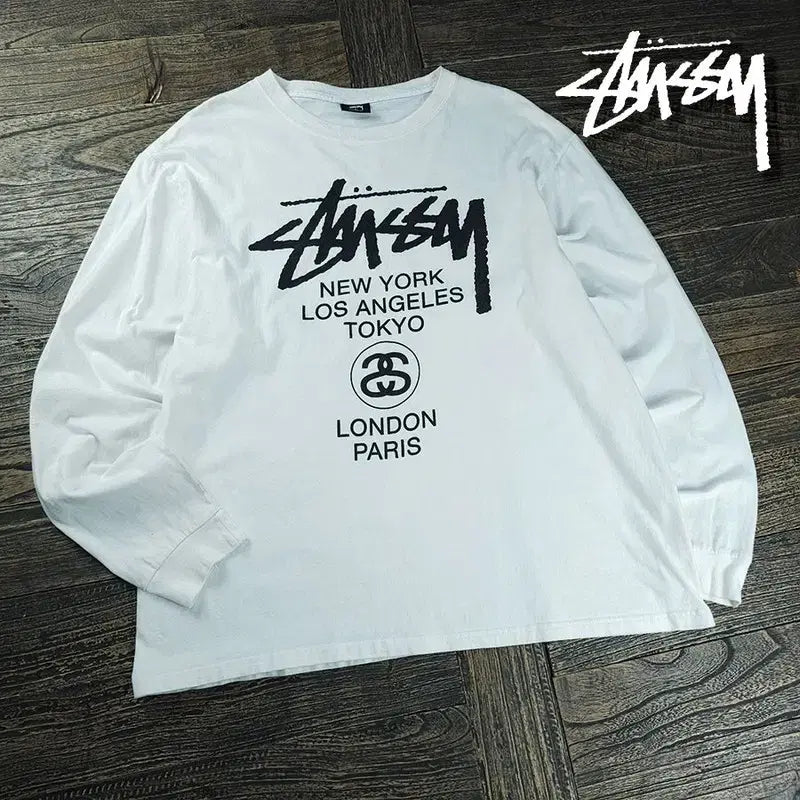 [BUNJANG] Stussy World Tour Loose Fit Long Sleeve T-Shirt White XL / 스투시 월드투어 루즈핏 롱슬리브 긴팔티 화이트 P01943