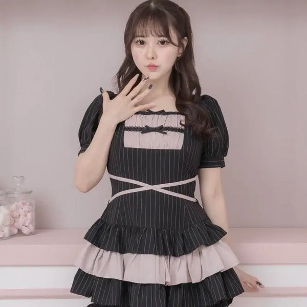 [BUNJANG] Pium Ladder Ribbon Tiered Setup Pink Short Sleeve / 피움 pium 사다리 리본 티어드 셋업 핑크 반팔