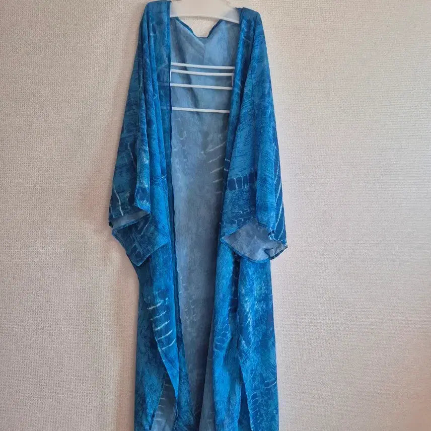 [BUNJANG] Blue Tie-Dye Long Robe Cardigan / 블루 나염 롱 로브 가디건
