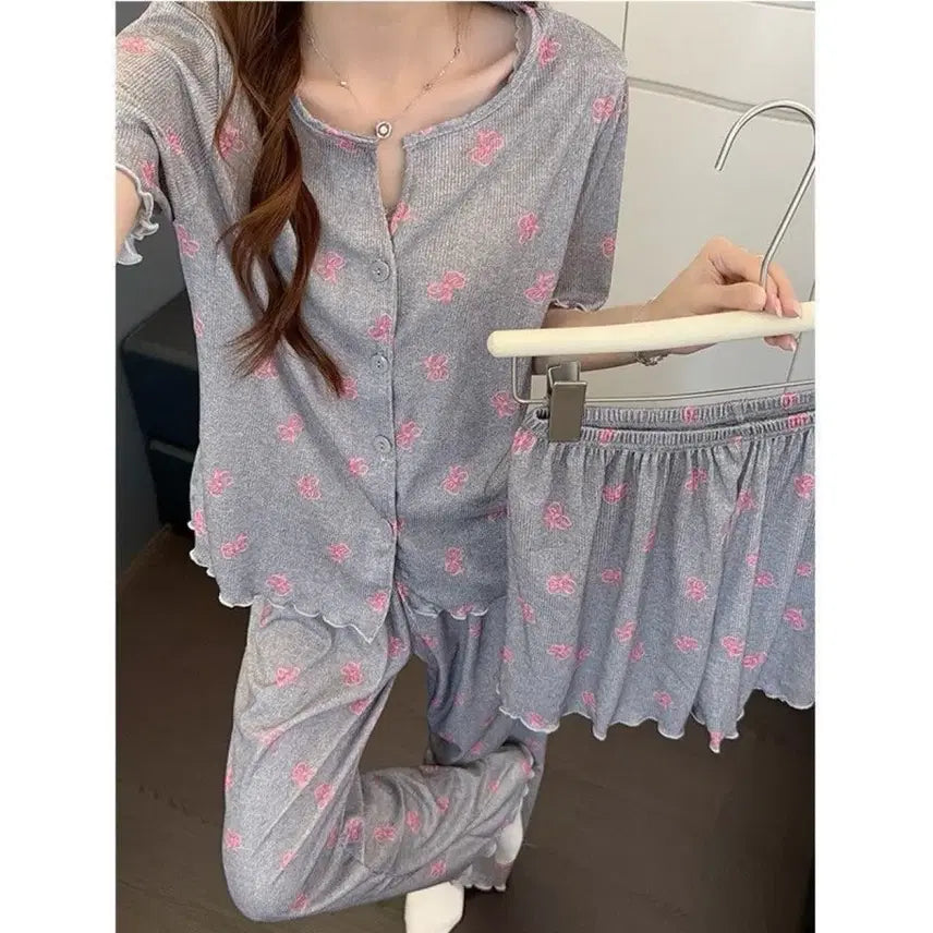 [BUNJANG] Ribbon Pattern Pajama 3-Piece Set / 리본 패턴 파자마 3종세트
