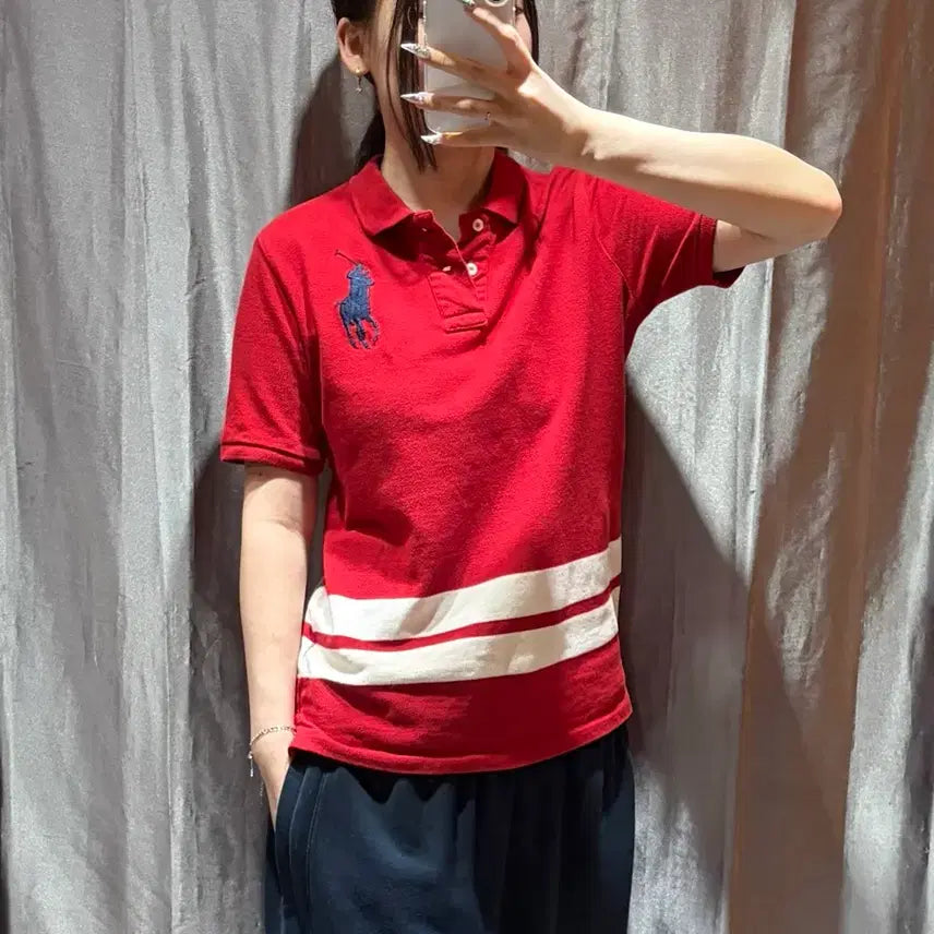 [BUNJANG] Polo Ralph Lauren Big Pony Stripe Short Sleeve T-Shirt - Red, Size M / M 폴로랄프로렌 빅포니 스트라이프 레드 반팔