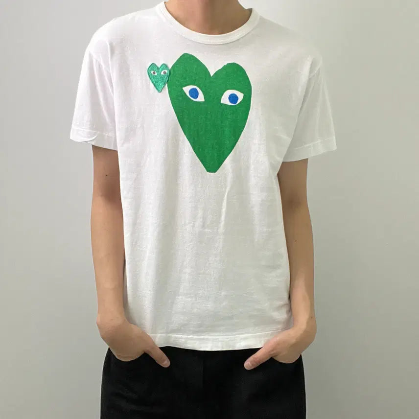 [BUNJANG] Comme des Garçons PLAY Double Heart Short Sleeve T-Shirt Green L / 플레이 꼼데가르송 그린 더블 하트 반팔 티셔츠 L