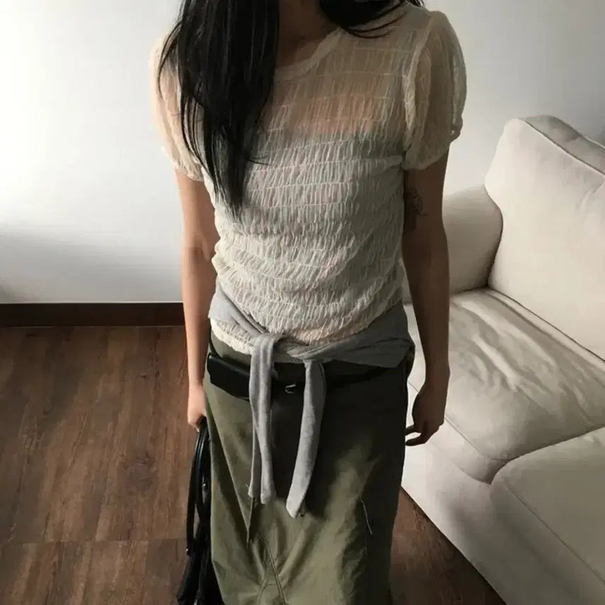 [BUNJANG] Sheer Puff Short Sleeve T-Shirt Cream Beige Lace Wrinkle / [새상품] 시스루 퍼프 반팔 티셔츠 레이어드 크림 베이지 아이보리 레이스 링클 주름