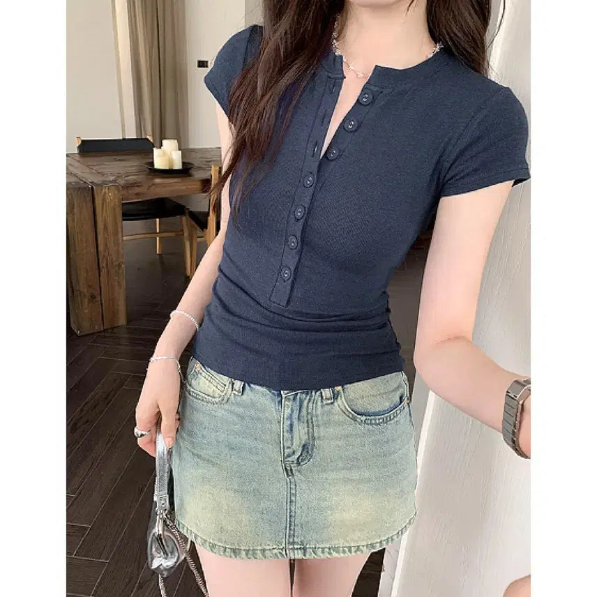 [BUNJANG] Ribbed Henley Slim Fit Short Sleeve T-Shirt (Navy) / [새상품/7,000원] 쫀쫀 탄탄 골지 헨리넥 슬림핏 반팔티 (네이비)