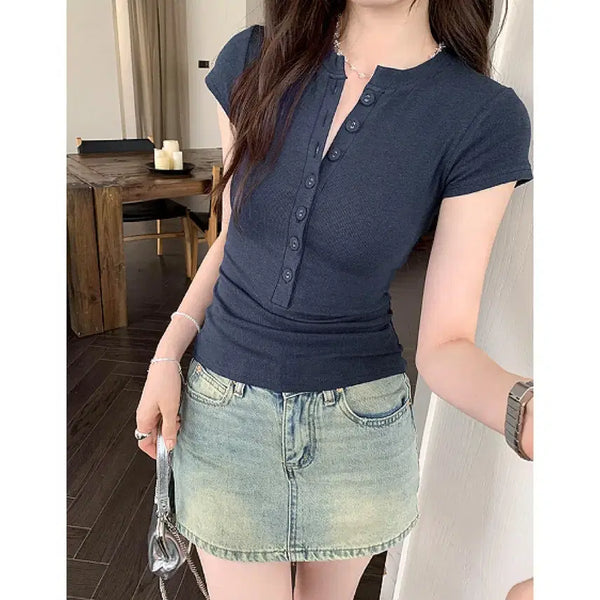 [BUNJANG] Ribbed Henley Slim Fit Short Sleeve T-Shirt (Navy) / [새상품/7,000원] 쫀쫀 탄탄 골지 헨리넥 슬림핏 반팔티 (네이비)