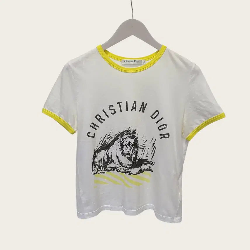 [BUNJANG] Dior White Yellow D Jungle Pop Lion Cotton Short Sleeve T-Shirt L / [L] 디올 화이트 옐로우 D 정글팝 라이언 코튼 반팔