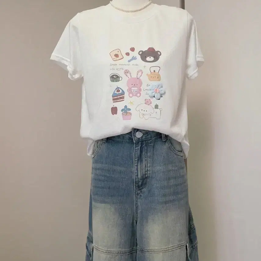 [BUNJANG] Cute Character Short Sleeve T-Shirt White / 귀여운 캐릭터 반팔 티셔츠 화이트