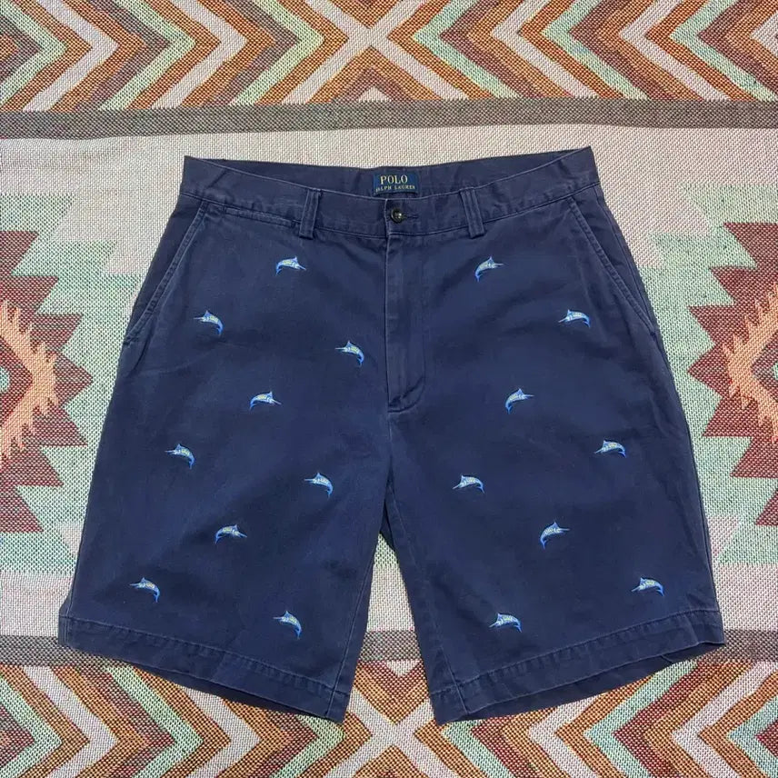 [BUNJANG] Polo Ralph Lauren Striped Marlin Embroidered Shorts Navy / 33inch) 폴로 랄프로렌 청새치 자수 로고 반바지 쇼츠 네이비