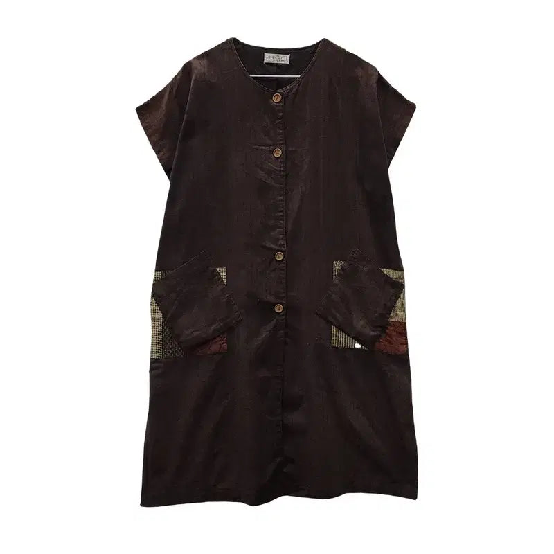 [BUNJANG] APRICOT Ethnic Mori Patchwork Linen Blend Dress Brown / APRICOT 에스닉 모리 패치워크 브라운 린넨블렌디드 원피스 F